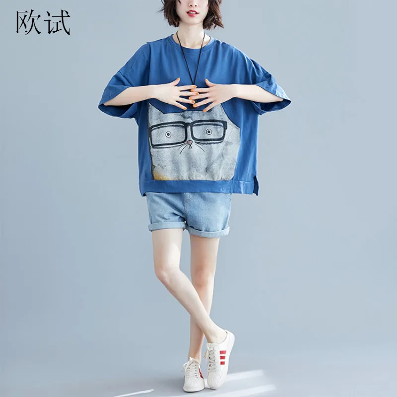 

Large Size Kawaii Cartoon Cat Print Tshirt Plus Big Loose Cotton Short Sleeve T Shirt 2019 Summer Women 5XL Casual T-shirt Tops