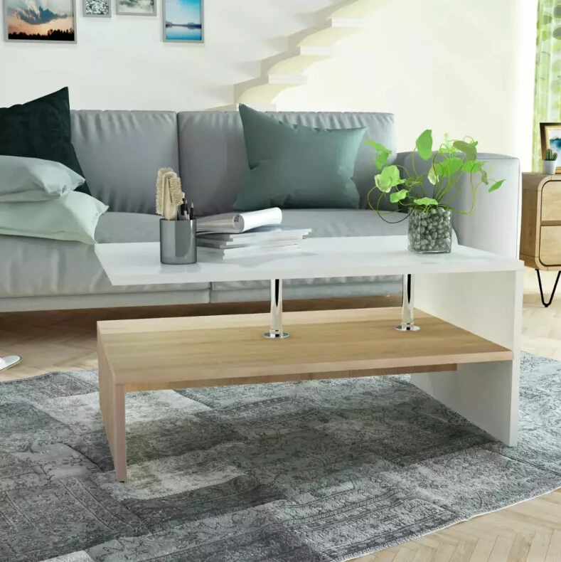 

VidaXL Coffee Table Chipboard 90x59x42 Cm Oak And White Side Table With 2 Shelves Living Room Furniture Home Decoration