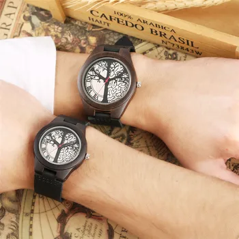 

Fashion Life Tree Wood Watch Mens Women Leather Wrist Watches Top Gifts for Lovers Modern Black Man Clock amantes de los relojes
