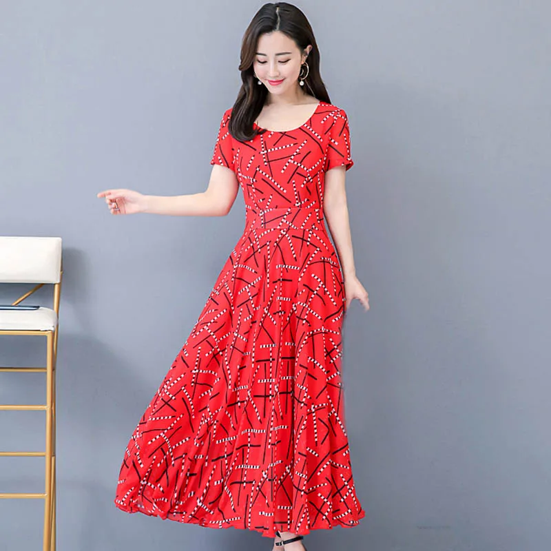 

Summer casual dress Women's Round Neck Short Sleeve Long print Dress Longuette