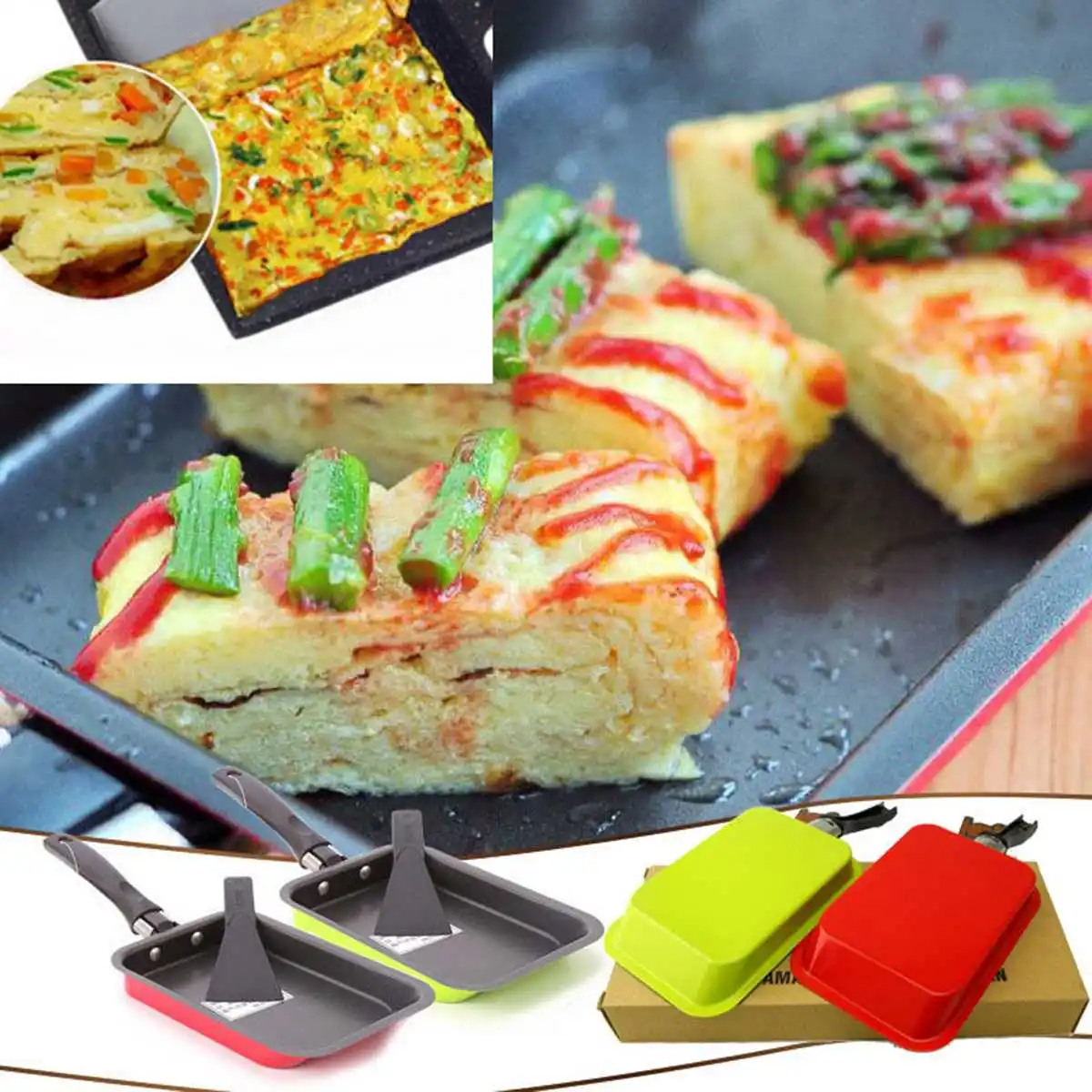 Kopen 2 kleuren Non stick Ei Roll Sushi Omelet Vierkante Koekenpan Rechthoekige Cr ecirc;pe Maker Thuis Keuken Koken Apparaat 30.7X12.4 cm