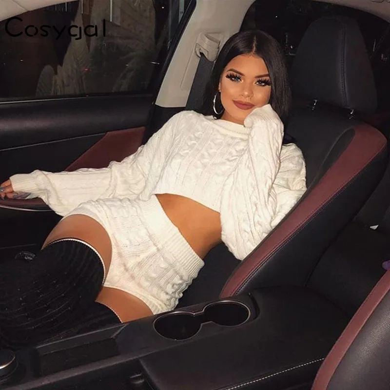 

COSYGAL Solid Knitting Two Piece Set 2018 Women Autumn Winter Sweatsuit O Neck Full Sleeve Casual 2 Piece Tracksuit Set