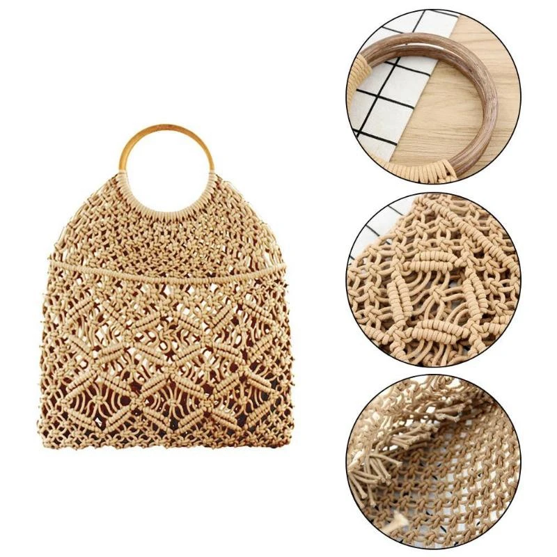 

Summer Beach Mini Handbags For Women Vintage Ladies Mesh Woven Hollow Rope Cotton Casual Travel Round Handle Small Tote Bag