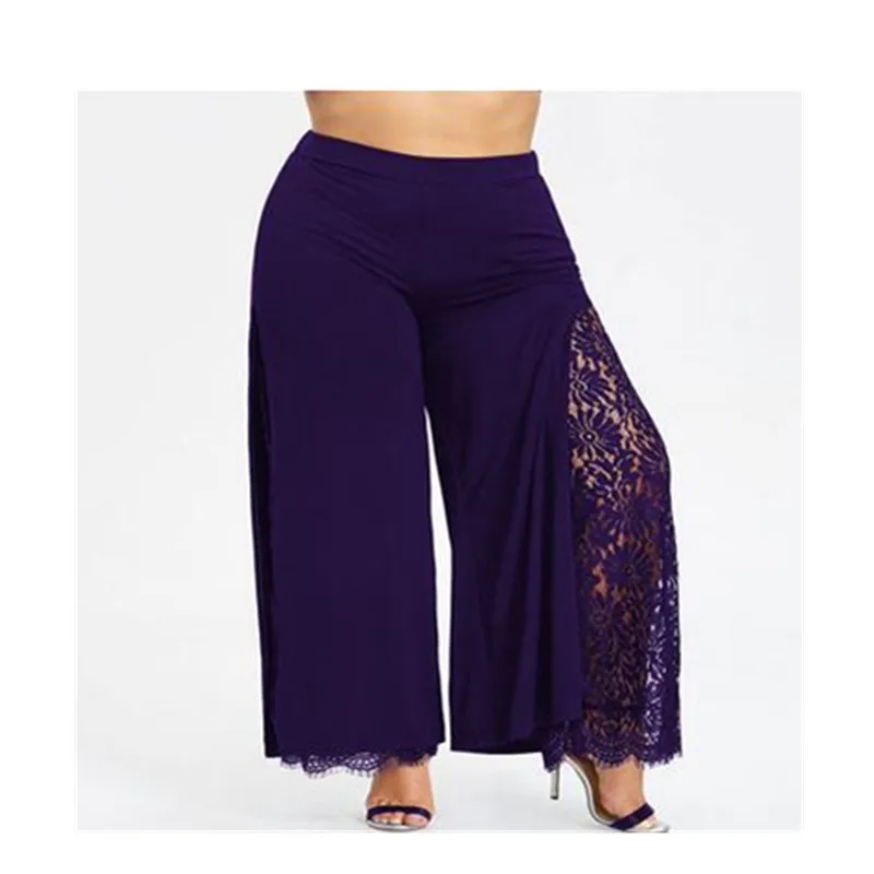 Plus Size Women Summer Wide Leg Pants Casual Loose High Slit Lace Palazzo Pants Women Straight Long Trousers Plus Size Women Summer Wide Leg Pants Casual Loose High Slit Lace Palazzo Pants Women Straight Long Trousers