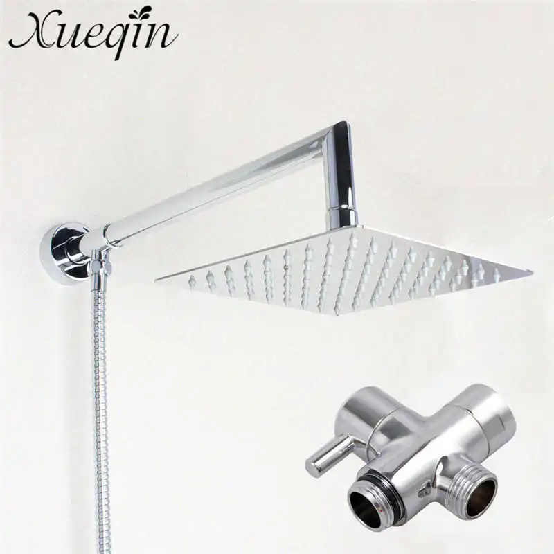 

8inch 304 SS Square Ultrathin Shower Head Extension Arm Bottom Entry Shower Diverter Valve Set Chrome Finished Bathroom Faucets