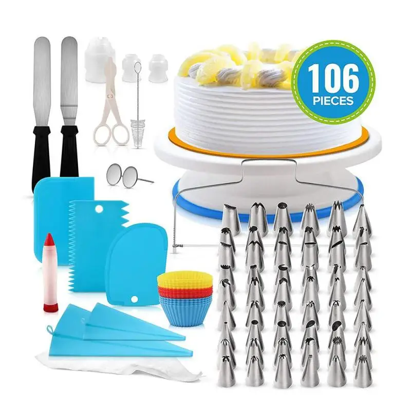 106pcs/set Multi-function Cake Decor Kit Turntable Set Pastry Tube Fondant Tool Kitchen Dessert Baking Supplies A35 |