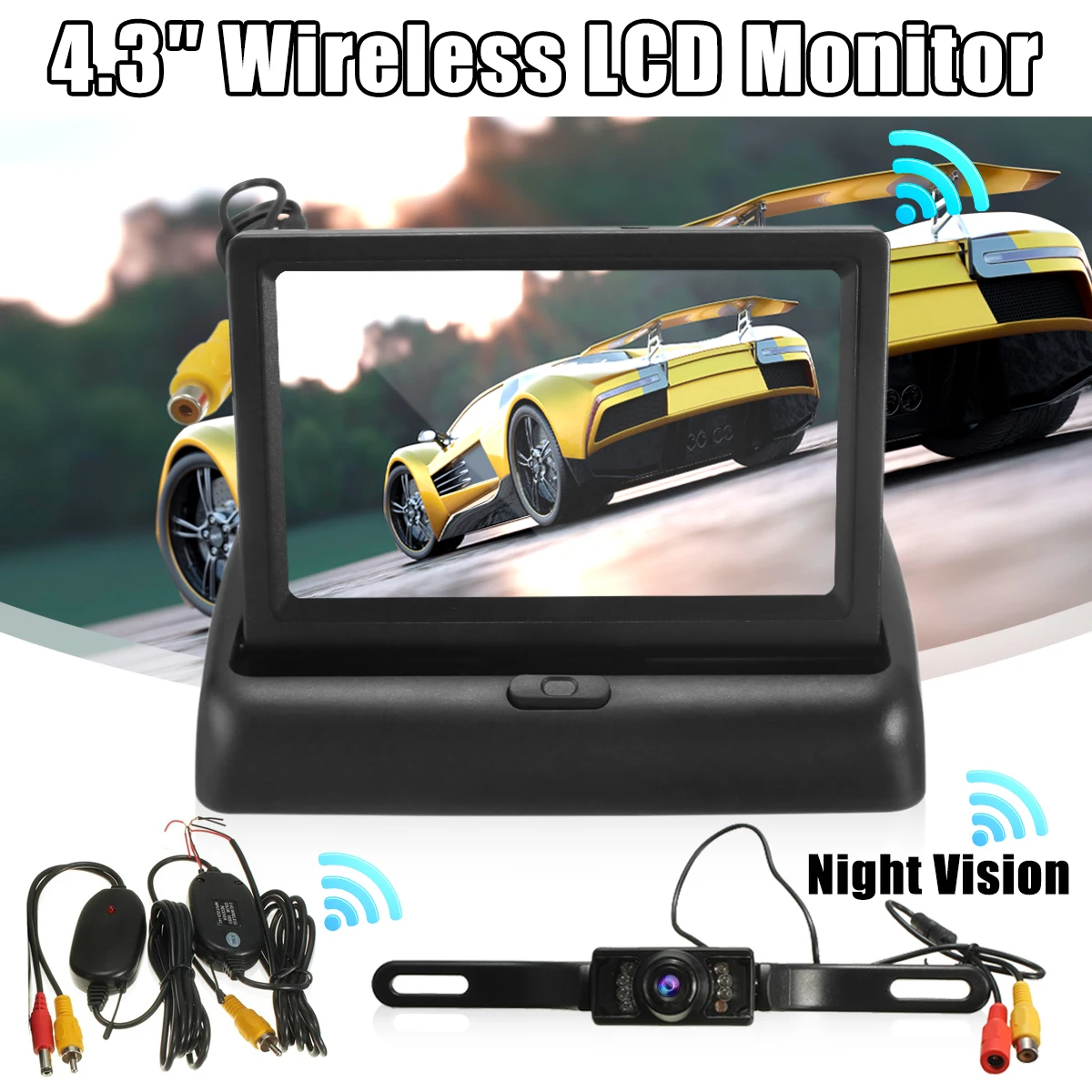 

4.3 Inch Foldable LCD Universal Parking Assist Monitor Wireless IR Backup Reverse Night Vision Rearview Reverse Camera kit