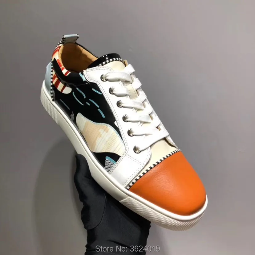 

Low Cut cl andgz color Graffiti leather Lace Up grosgrain braid Rivets Red bottoms For Men Shoes Sneakers Leather Flat Footwear