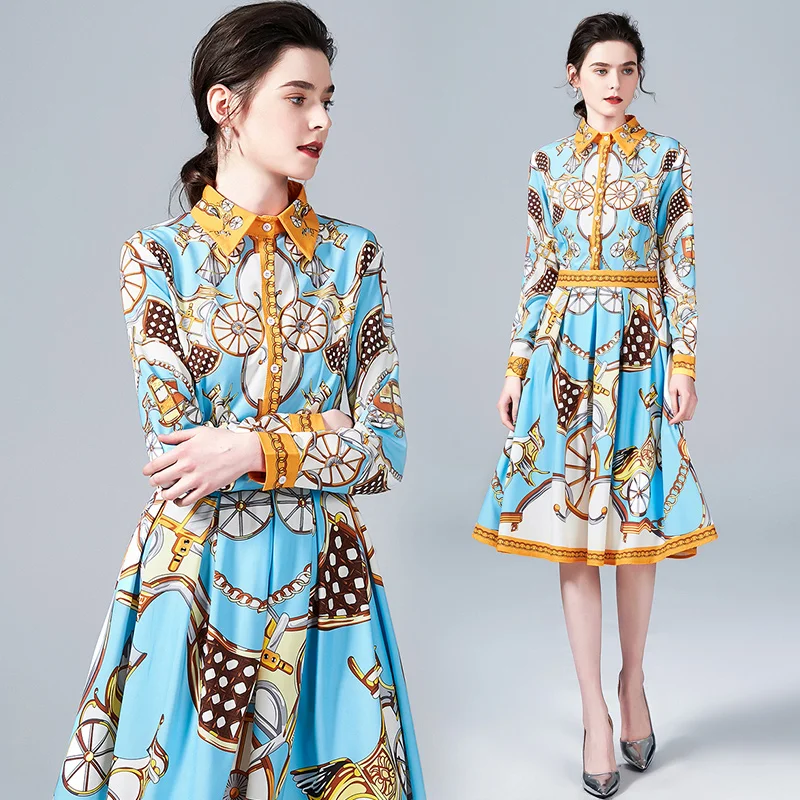

Runway Dress Summer Fashion Women Quality Print Elegant Dresses Party Vestidos Robe Femme