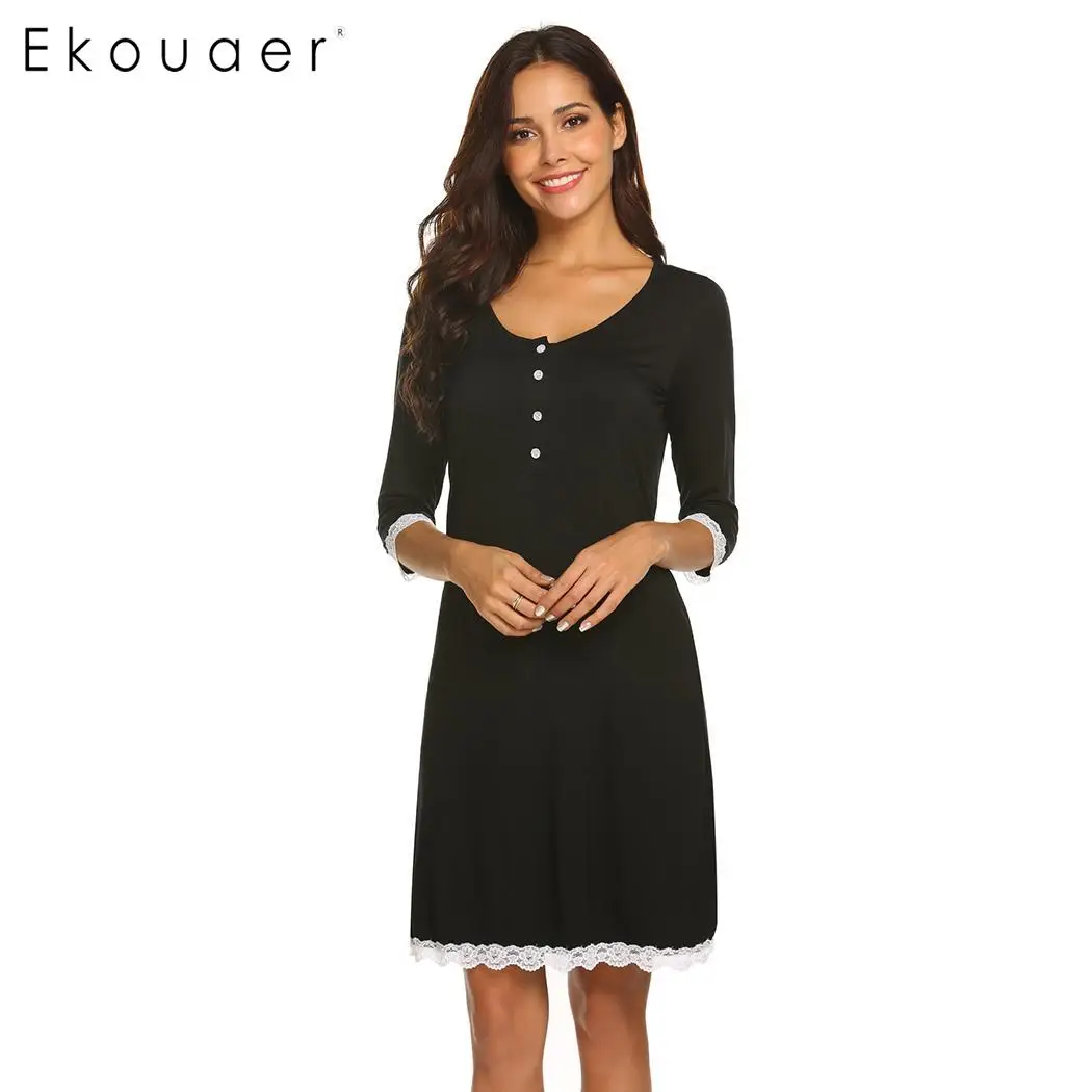 Skup Ekouaer koszula nocna wiosna lato bielizna nocna sukienka kobiety moda koszula nocna dekolt macierzyński rękaw 3 4 przycisk bielizna nocna