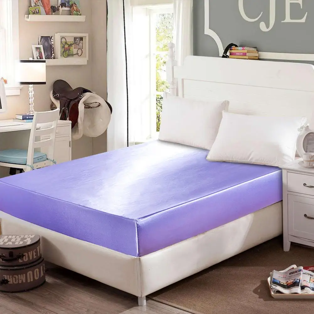 

Lilac Mattress Cover Dust-Proof Anti-mite Artificial Silk Satin Bed Fitted Sheet Mattress Protector Cover