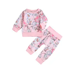 2 предмета, Одежда для новорожденных и маленьких девочек футболка с длинными рукавами и цветочным принтом топы и штаны, комплект одежды