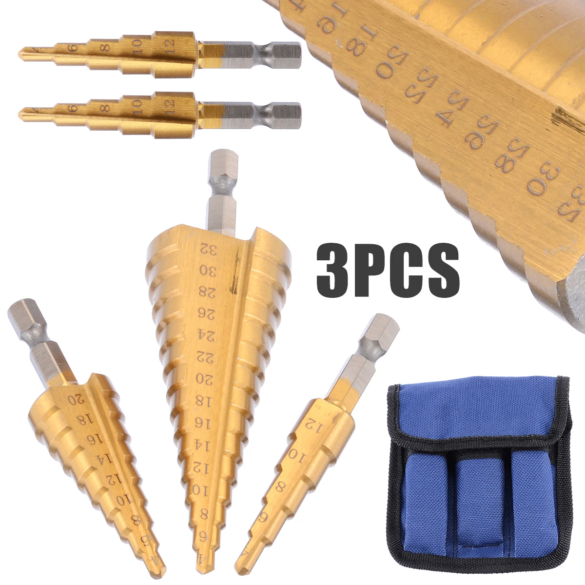

3PCS High Quality Peeling Drill Cone Drill Bit HSS Steel Titanium Coated Step Drill Cutter Tool for Wood Sheet Metal Drilling