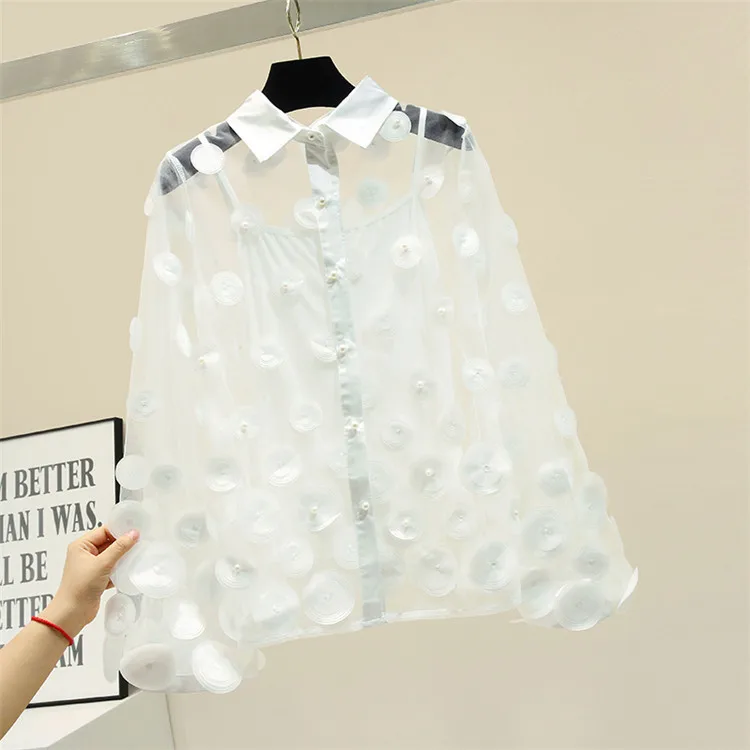  [LIVIVIO] Casual Turn Down Collar Mesh Blouse Shirt Sexy Flower Pearl Lantern Sleeve Feminine Blous