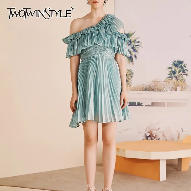

TWOTWINSTYLE Casual Solid Women Dress Off Shoulder Half Sleeve High Waist Mini Pleated Dresses Female Fashion 2019 Spring New