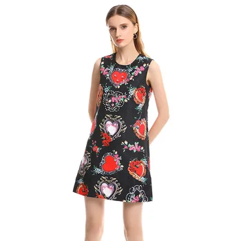 

Summer Sundress For Young Women 2019 Diamonds Printed Love Cotton Sleeveless O-neck Minidress For Girl New Free Shipping