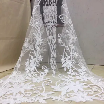 

white Color Sequins Lace Fabric tulle High Quality French Lace Mesh African Nigerian beads lace Hot sale Party For Women Dress