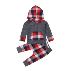 2 предмета, одежда в стиле пэчворк для маленьких мальчиков и девочек свитер с капюшоном и длинными рукавами Топы + длинные штаны с поясом