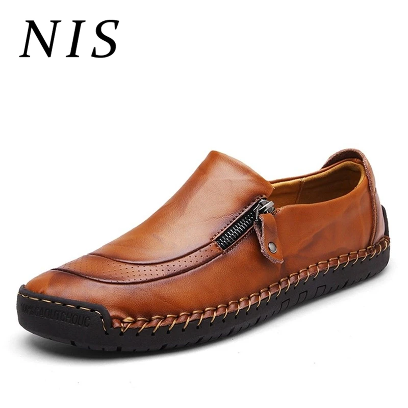 

NIS Vintage PU Leather Men Flat Shoes Slip-on Casual Shoes Zipper Decor Breathable Loafers Sewing Soft Sole Men Leather Flats