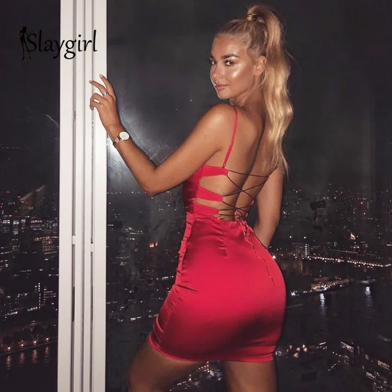 Slaygirl атласная Bodycon Вечерние Платье Для женщин весенние однотонные, на шнуровке, пикантные Клубные платья с низким вырезом на спине Повседневное женские Белое платье Красный Vestidos