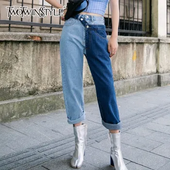 

TWOTWINSTYLE Patchwork Hit Colors Trousers For Women High Waist Ankle Length Denim Pants Large Sizes Autumn Fashion Jeans Female