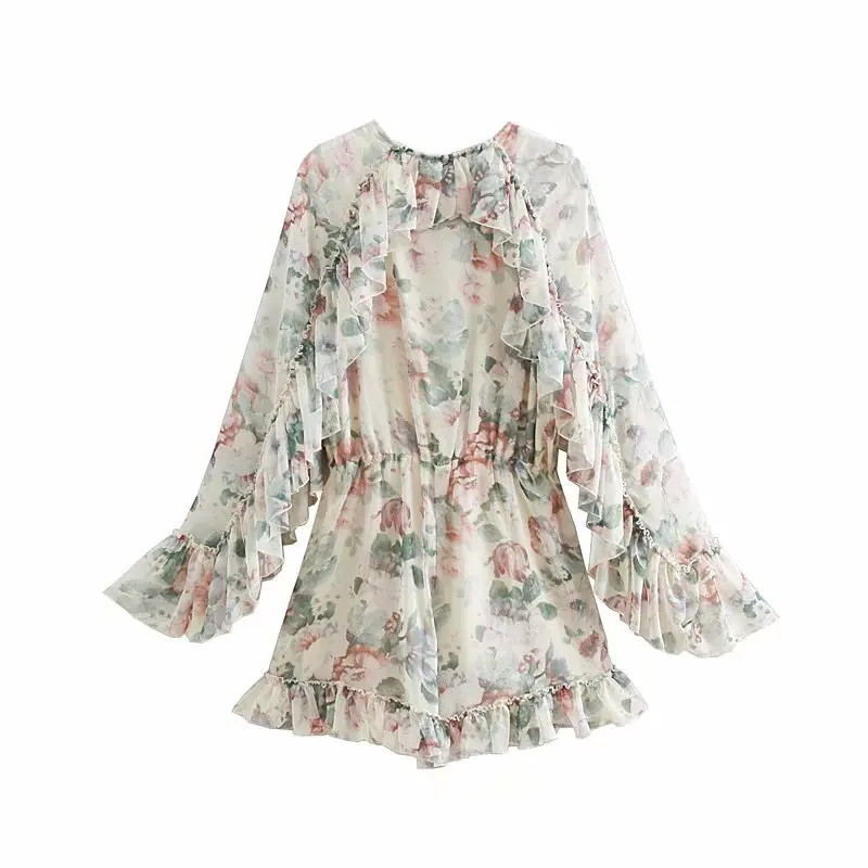 2019 Fashion Women Floral Print Rompers Ruffles Long Sleeveless Chiffon Short Jumpsuit Vintage Bohemian Party Playsuits 2019 Fashion Women Floral Print Rompers Ruffles Long Sleeveless Chiffon Short Jumpsuit Vintage Bohemian Party Playsuits