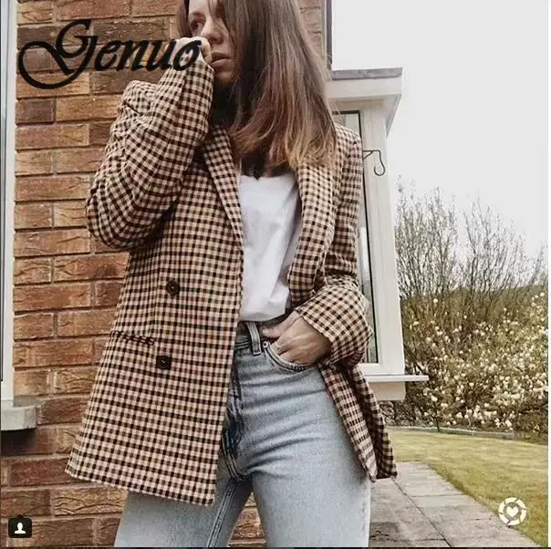 

Fashion double breasted plaid blazer women Long sleeve slim OL blazer 2019 Casual autumn jacket blazer female