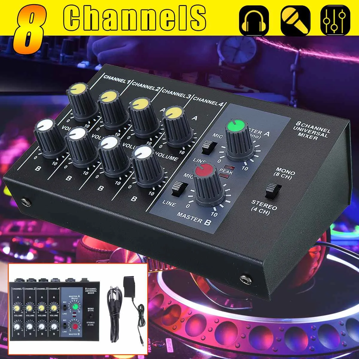 

8 Channel Mini Portable Audio Sound Mixer USB DJ Sound Mixing Console 48V Amplifier For TV DVD VCD Radio Karaoke KTV Match Party