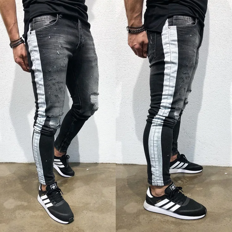 

2019 New Fashion Knee Hole Side Stripe Scratched Jeans Men Ripped Tore Up Streetwear Hiphop Slim Skinny Denim Pants For Male