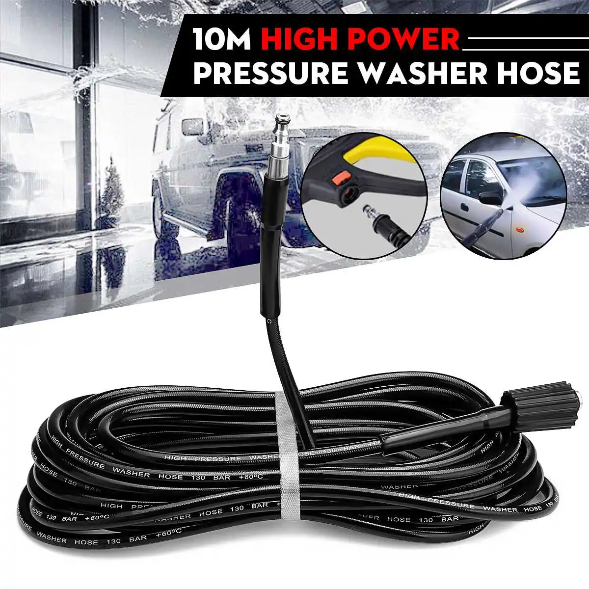 

10M Steel Wire High Pressure Washer Hose Automobiles Black 130Bar Washing Machine Car Wash Cleaning Accessories Tools For VAX