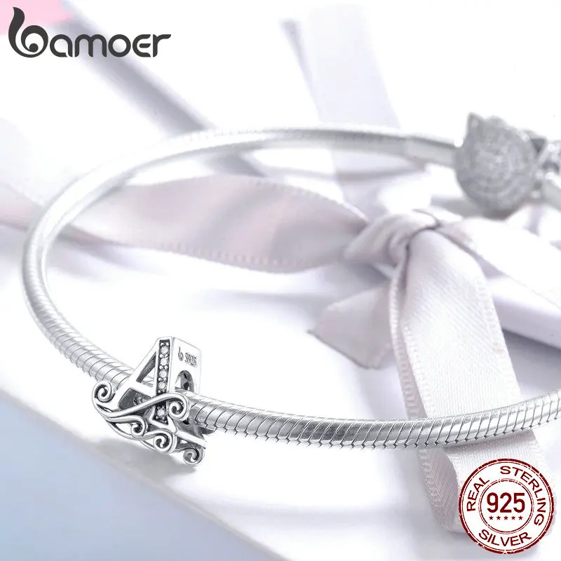 BAMOER 2019 NEW 925 Sterling Silver Vintage A to Z Clear CZ 26 Letter Alphabet Bead Charms Fit Bracelets DIY Jewelry BSC030