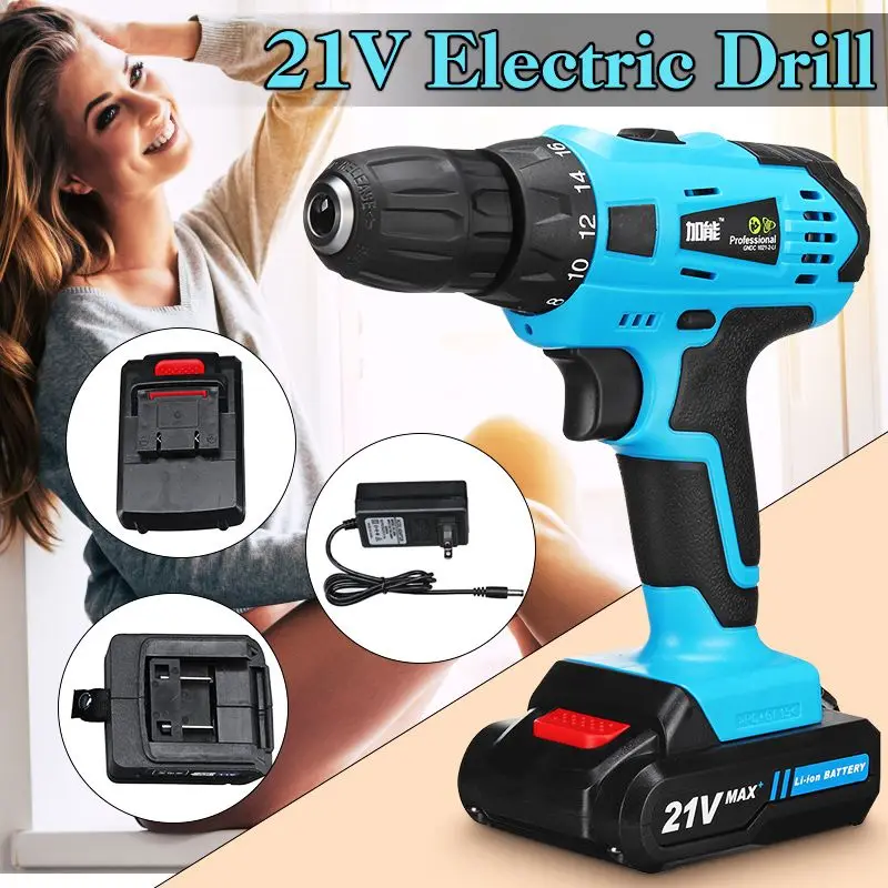 

21V Cordless Electric Drill Screwdriver Max 2 Speed Keyless Chuck 18+1 Clutch Positions with Rechargeable Lithium Lon Batteries