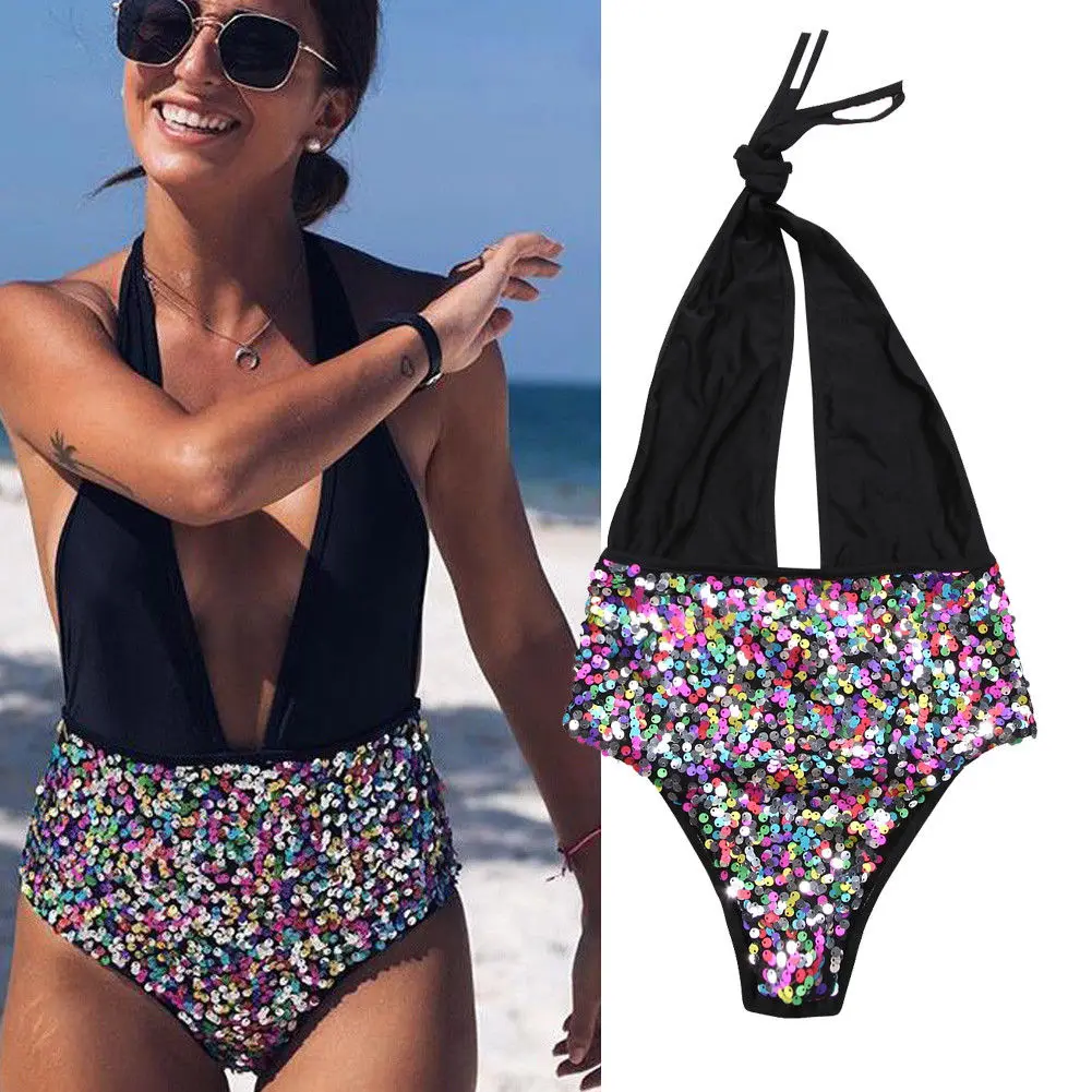 

2019 Women Sexy Sequins Swimming Suit Bandage Push-up Bra Deep V neck Swimsuit Ladies Swimwear Bathing Suit