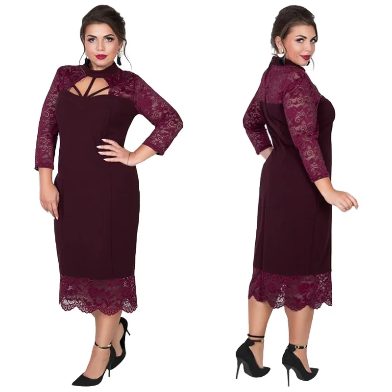 

High Quality 2019 Spring High Street Lace Dress Women Plus Size Hallow Turtle Neck Autumn Dresses Green Red Elegant Party Dress