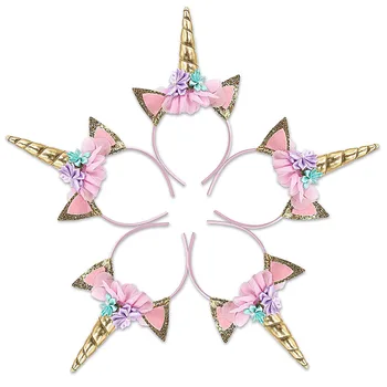 

Gold Glitter Unicorn Horn Headband Flowers Ear Headbands For Girl Birthday Party Decorations Supplies Headwear Accessory