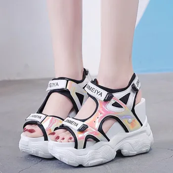 

Sneakers Sandals Female Summer 2019 New 11.5CM Platform Open Toed Casual Shoes Women Sequin Thick Bottom Wedge Sandals Ladies