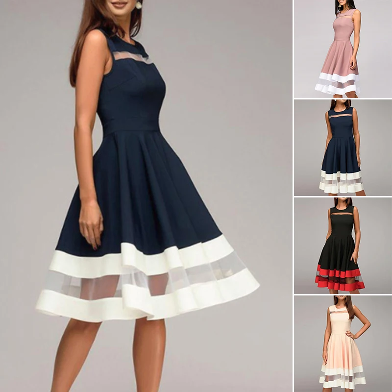 

Women Perspective Mesh Stitching Contrast Color Sleeveless Large Swing Dress