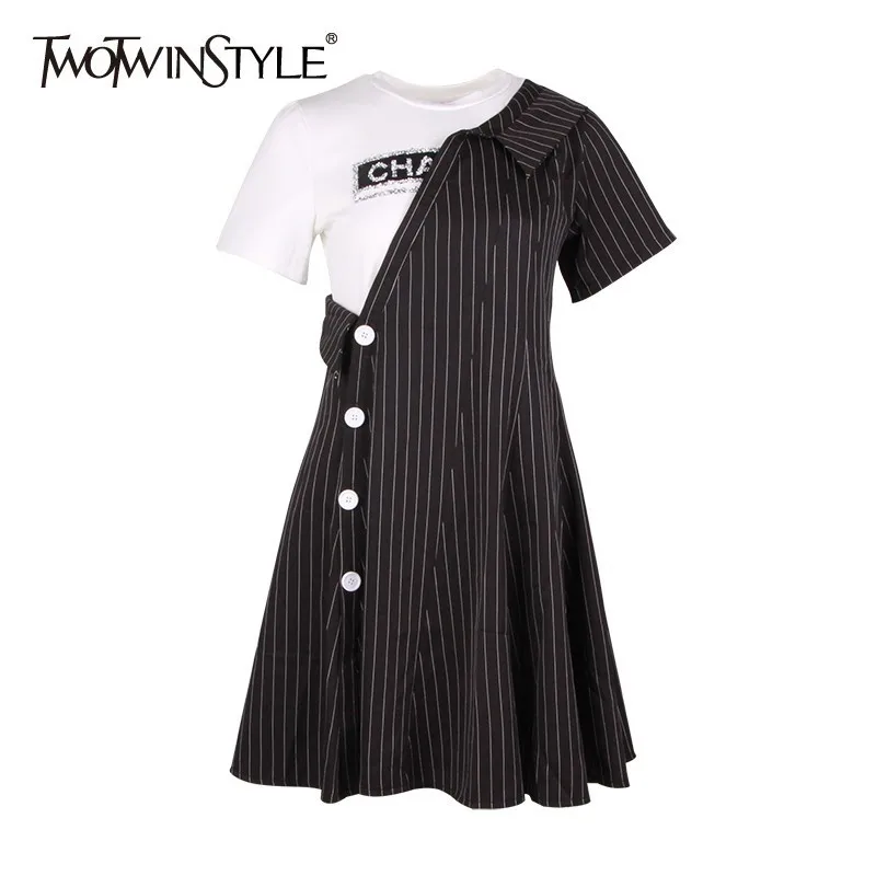 

TWOTWINSTYLE Striped Patchwork Women Dress O Neck Short Sleeve Button Loose Mini Shirt Dresses Female Fashion 2019 Spring New