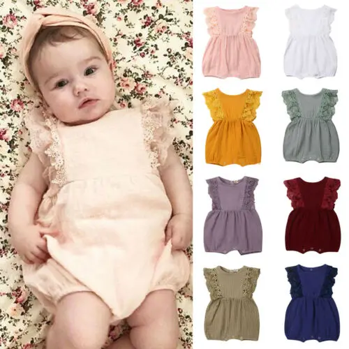 Pretty Summer Newborn Kid Baby Girl Outfits Lace Ruffle Sleeve Romper Solid Jumpsuit Bow Headband 2Pcs Clothes 0-24M | Детская одежда и