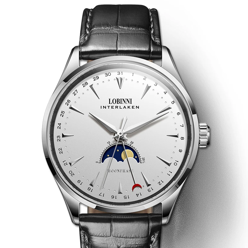 

Switzerland LOBINNI Men Watches Luxury Brand Moon Phase Auto Mechanical Men's Clock Sapphire Leather relogio masculino L16012-1
