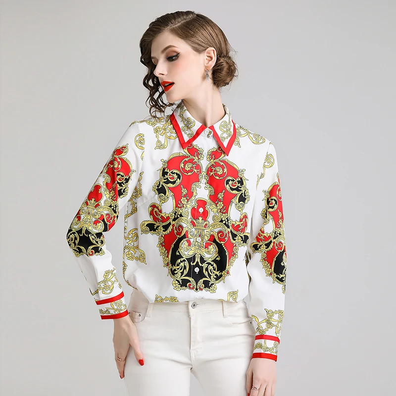 

Runway Blouses Women 2019 Summer Autumn Lapel Long Sleeve Shirt Office Ladies Red Black Gold Print Floral White Tops