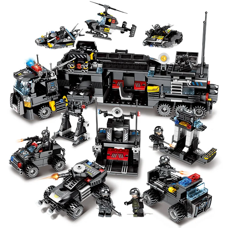 8pcs/lot SWAT Police Truck Building Blocks Sets Compatible Legoed City Bricks Ship Helicopter Vehicle Creator Toys for Children