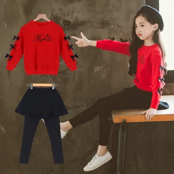 

Girls Two Piece Clothing Sets Fashion Bow Long Sleeve Sweatshirt and Skirt Leggings Yellow Red 3-13 Years School Sports Suits