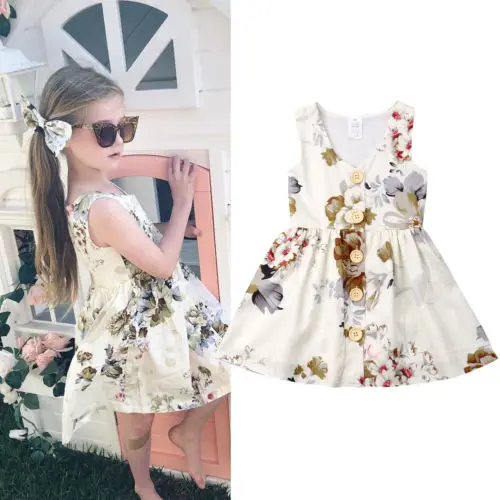 Summer Baby Kids Girls Princess Dress Pageant Sleeveless Button Floral Dresses