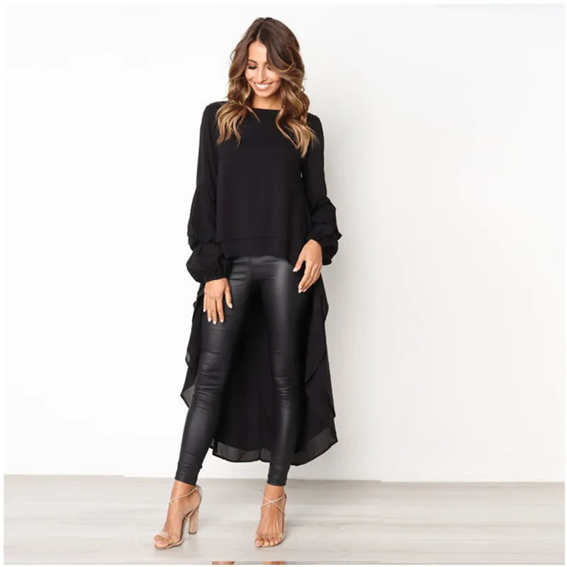 

2019 Women New Spring Casual Fashion Long Puff Sleeve Baggy Asymmetric Crew Neck Tops Shirts S-3XL