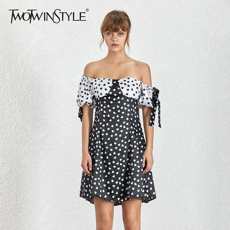 

TWOTWINSTYLE Sexy Print Dress For Women Off Shoulder High Waist Hit Color Short Sleeve Female Dresses 2019 Summer Fashion New