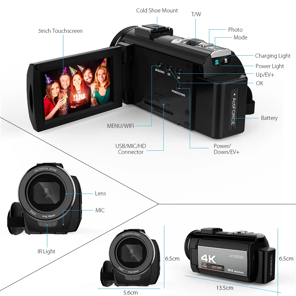 Портативная Цифровая видеокамера Andoer 4K 48 МП Wi Fi сумка через плечо для видеокамеры