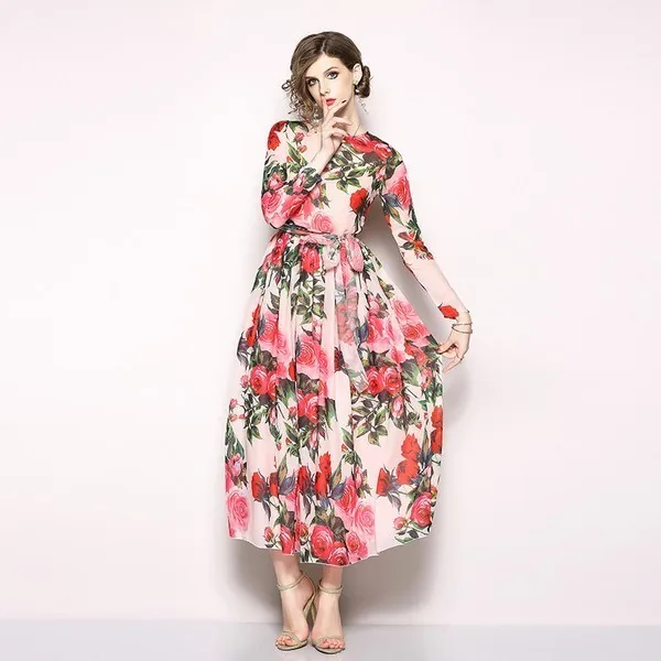 

Woman Chiffon Long Dress Rose Floral Overlay Print long Dress Female Spring and summer Vintage Long Sleeve Pleated Dress