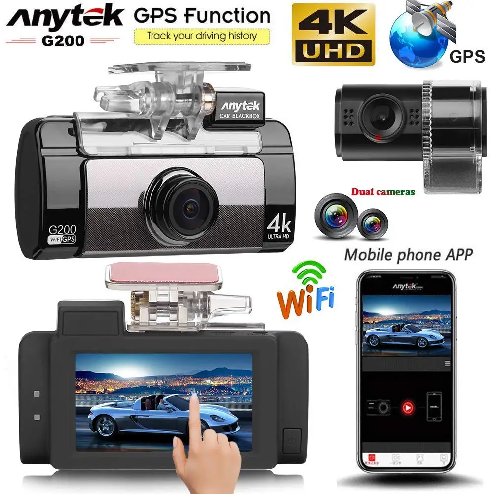 Anytek G200 2.7in сенсорный экран двойной объектив 4K UHD WiFi Автомобильный