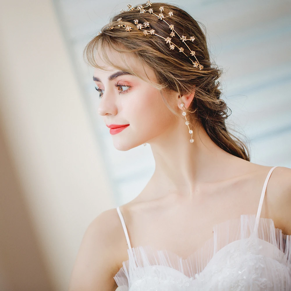 

Fashion Korean Rhinestone Headband Hair Jewelry for Wedding Bridal Headpiece with Earring Women Birthday Princess Headdress Gift